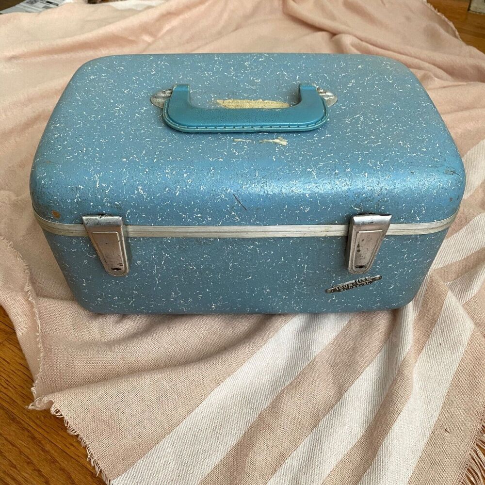 Vintage Tour-Lite By Neevel Powder Blue Speckle Train Hard Case Luggage Retro